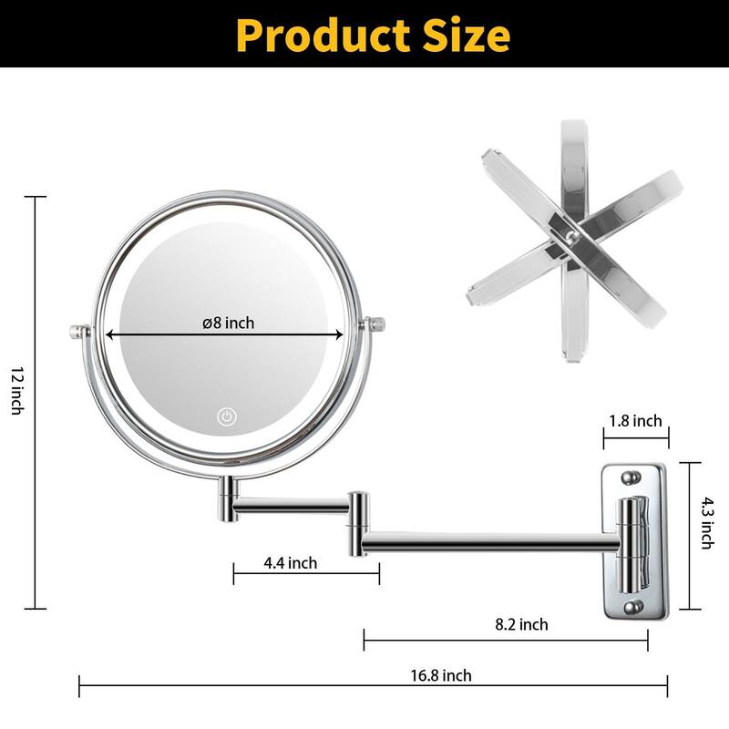 8" Wall-Mounted Makeup Mirror with Lights, Rechargeable 1X10X Magnifying Mirror Touch Screen Dimmable Built-in Battery
