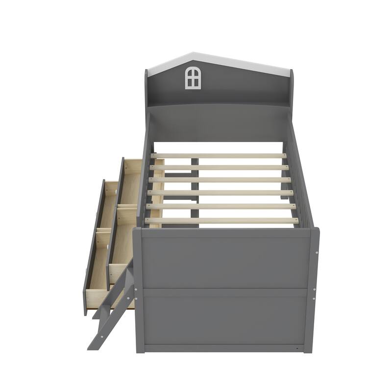 Twin Size Platform Bed Frame with 4 Storage Drawers & Guardrail Headboard for Bedroom, Wooden Kids Storage Bed with Ladder