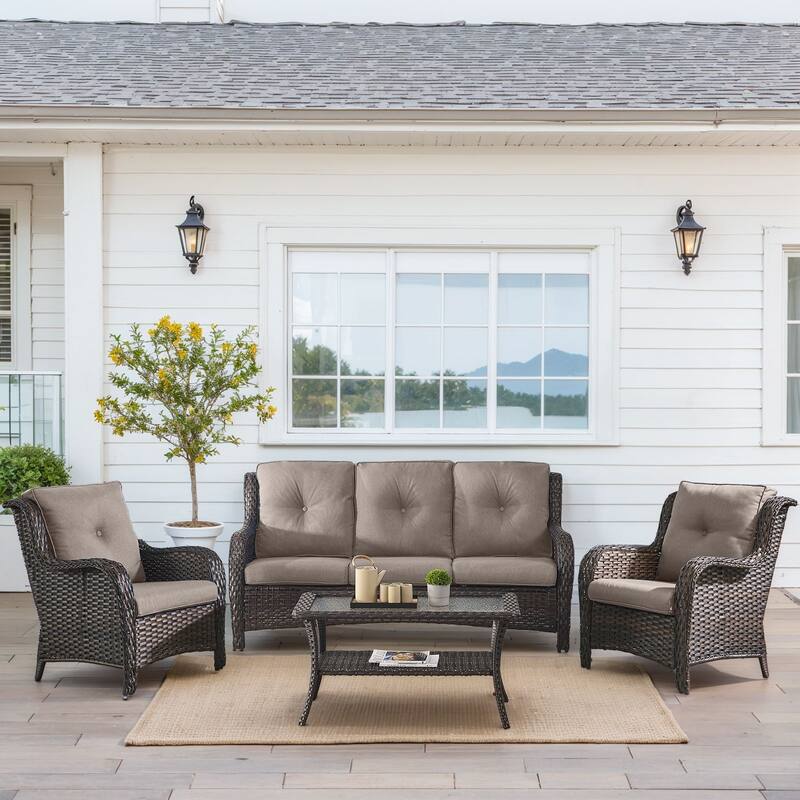 Outdoor Patio Chairs with Sofa Coffee Table - Brown - Grey