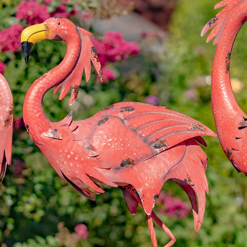 Set of 4 Assorted Bright Pink Iron Flamingos