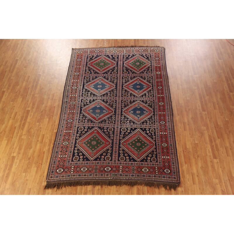 Hand Knotted Oriental 100% Wool Carpet Traditional Geometric Navy Blue & Blues Yalameh Area Rug - 10' 11'' X 7' 6''