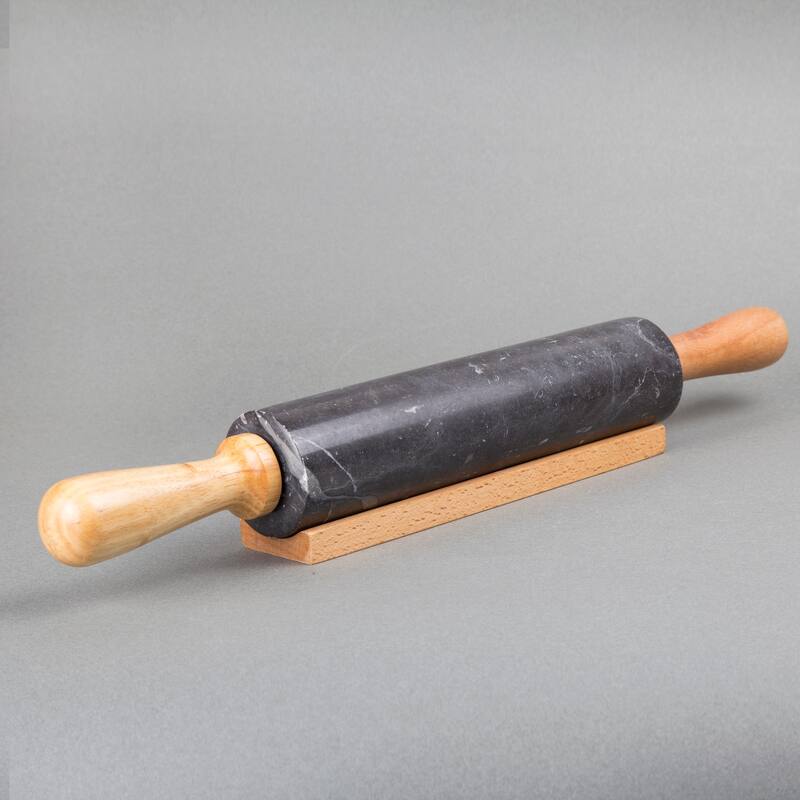 Creative Home Deluxe Natural Charcoal Marble 18" Length Rolling Pin with Wooded Handles and Cradle