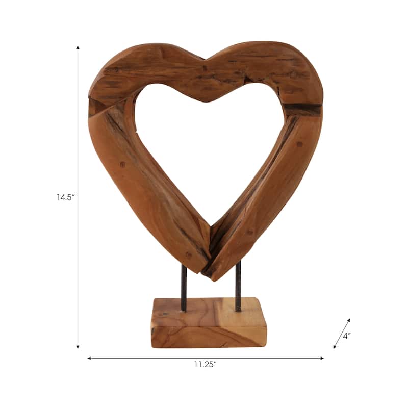 Teak Wood Heart Sculpture Natural Texture Rectangular Base - 15" Brown - 11.25" x 4" x 14.5"