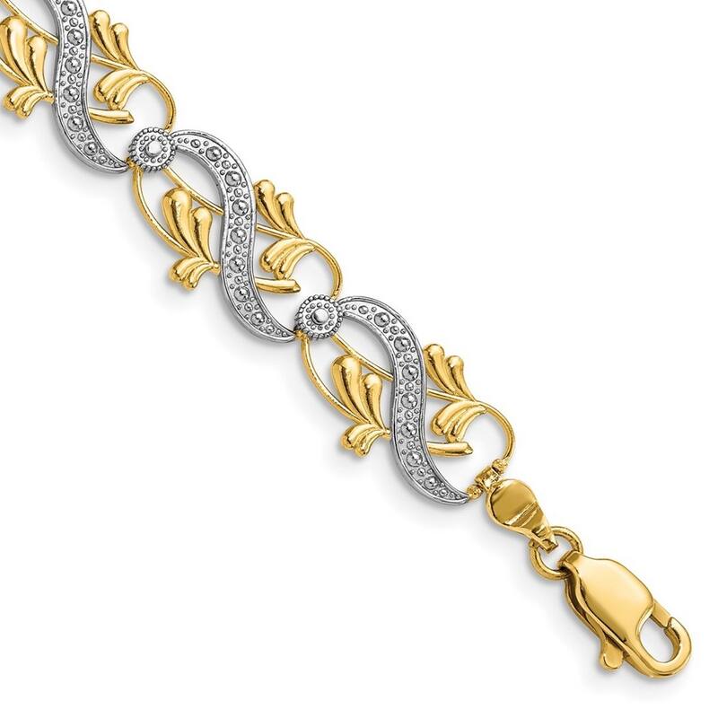 Curata 14k Yellow Gold D C White Dots Connecting Sash and Leaves Two color Bracelet 7.5 Inch