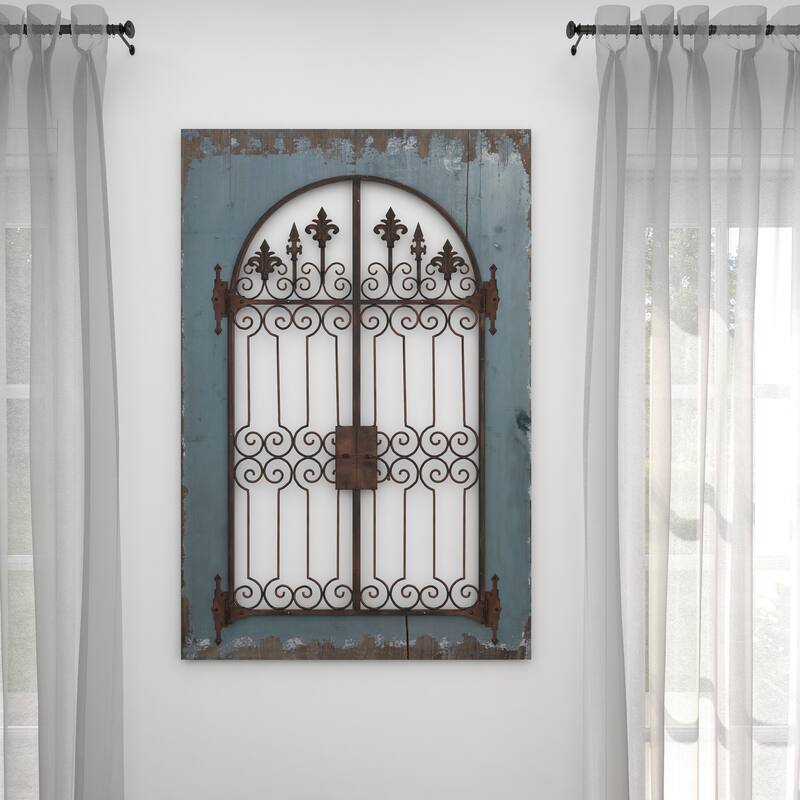Blue Wood Arched Windowpane Fleur De Lis Home Wall Decor with Rust Metal Scrolled Gate