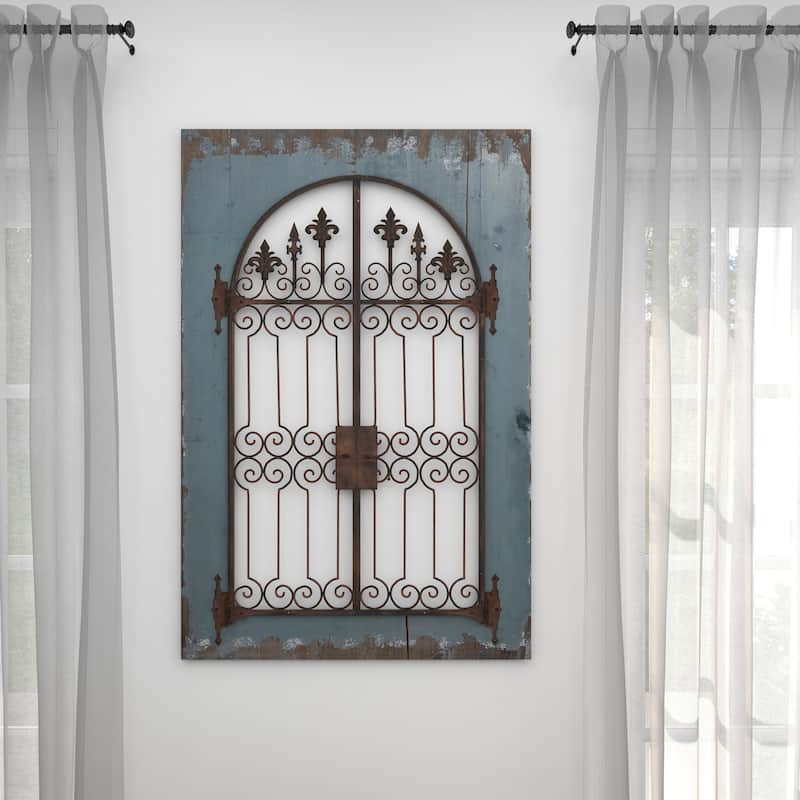 Wood Fleur De Lis Arched Windowpane Home Wall Decor with Rust Metal Scrolled Gate - Blue - Roche River Decor