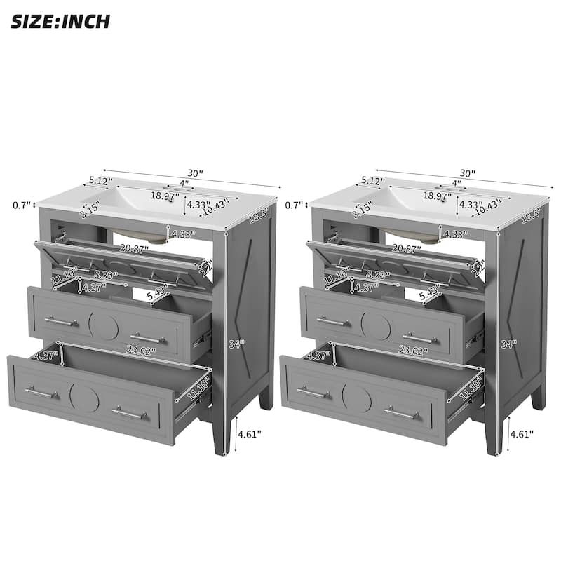 60 Inch Bathroom Vanity with Sink, Solid Wood Cabinet with Ceramic Basin, 3-Drawer Retro Style Storage