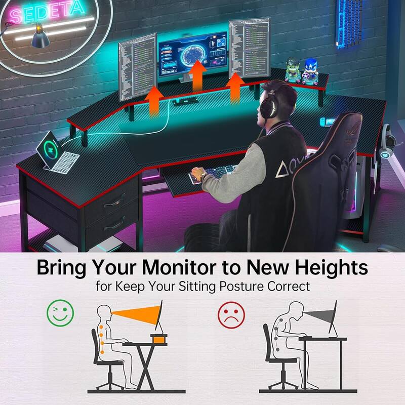 79" L Shape Gaming Desk Computer Desk 2 Fabric Drawers & LED Light