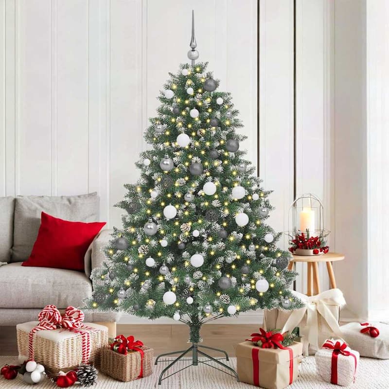 vidaXL Artificial Christmas Tree Green - Green with LEDs and white/grey balls - 6 Foot