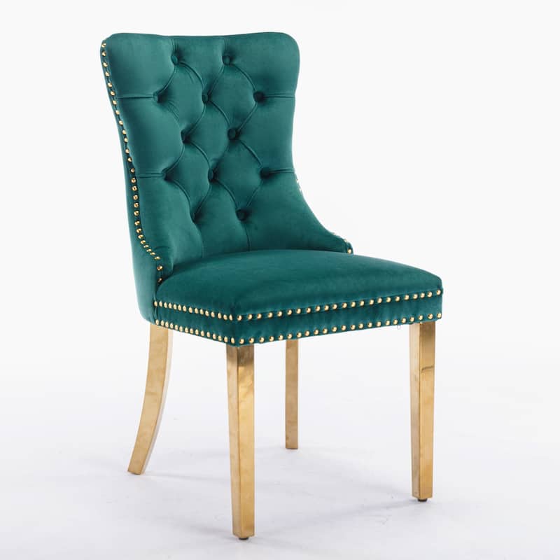 High-end Tufted Solid Wood Upholstered Dining Chair with Golden Stainless Steel Plating Legs,Nailhead Trim,Set of 2