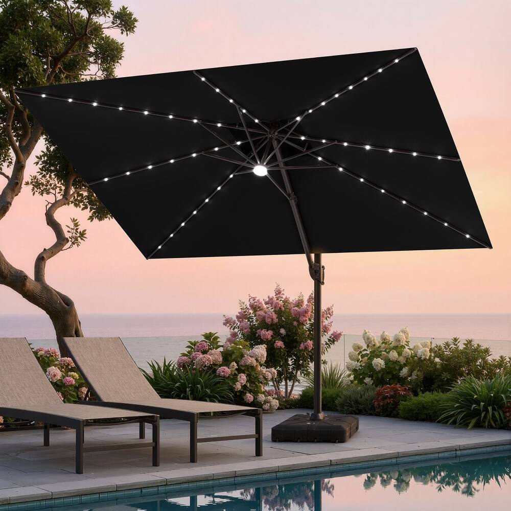 13 x 10 FT Outdoor Patio Double Top Solar Powered LED Cantilever Offset Umbrella and Weighted Base w/ Wheels