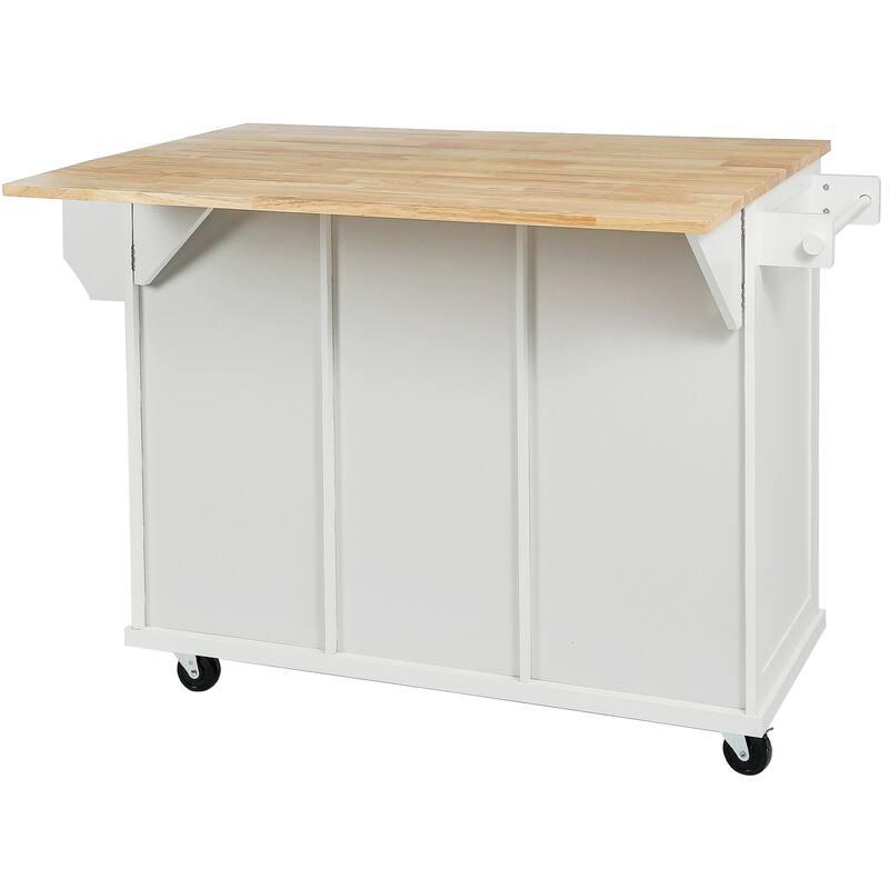 Wood Drop-Leaf Countertop Kitchen Cart, Rolling Kitchen Island on 5 Wheels with 3 Storage Drawers and Adjustable Shelves