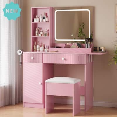 Makeup Vanity Desk with Mirror, Charging Station, Storage Drawers， Stool