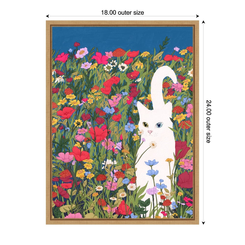 White Cat in the Wildflowers by Ec Mazur Framed Canvas Wall Art