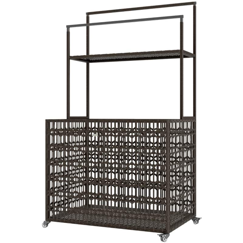 Wicker Pool Storage Basket with Wheels Shelf and Steel Frame for Outdoor Pool Supplies Organization - Black