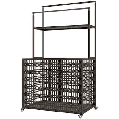 Wicker Pool Storage Basket with Wheels Shelf and Steel Frame for Outdoor Pool Supplies Organization