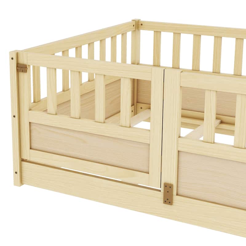Children's Twin Floor Bed with High Fence, Pinewood French Bed, Safe Play Area, and Mattress Support