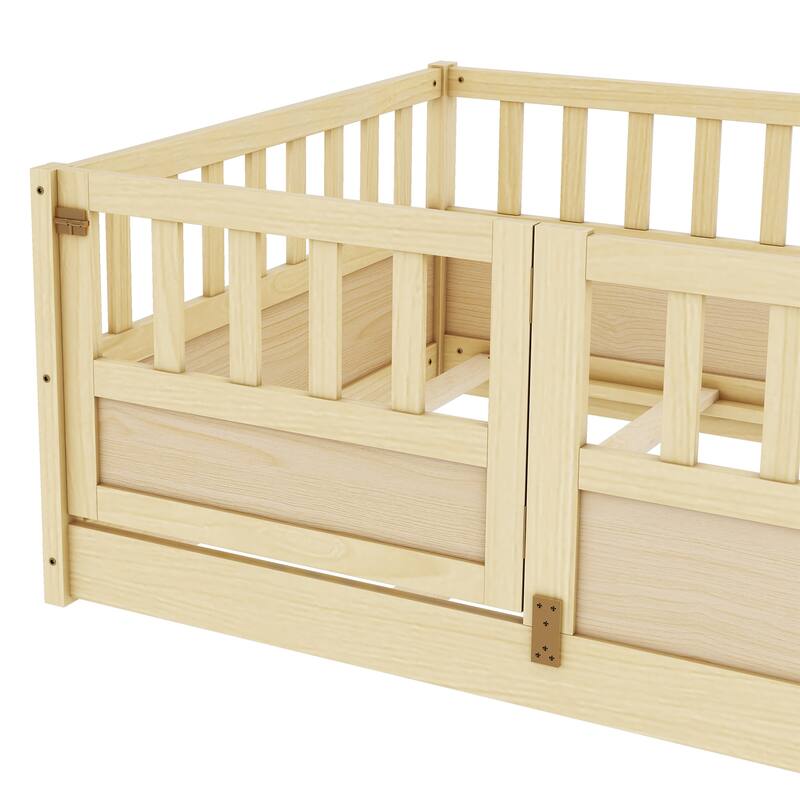 Children's Twin Floor Bed with Safety Guardrails & Door, Montessori Wooden Bed Frame for Bedroom Play Area