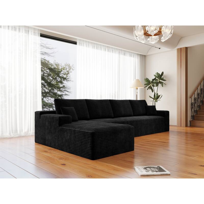 Roomfitters 131.9" Modular Sectional Sofa, 4-Piece Compressed Cloud Couch, No Assembly Required, Plush Corduroy, Black