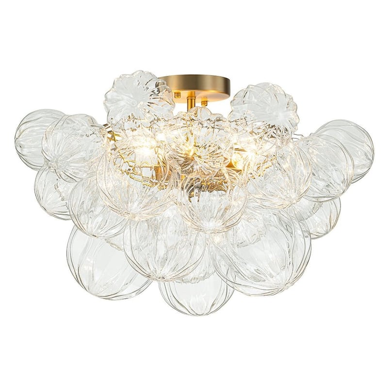 Brass 3-Light Faceted Glass Globe Cluster Bubble Semi Flush Mount