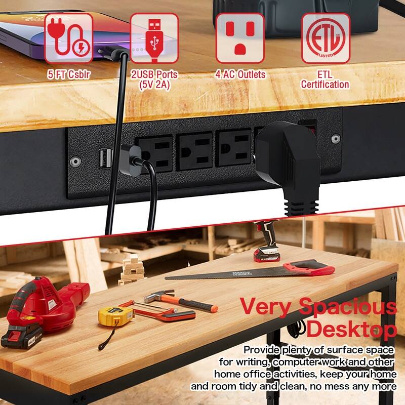Adjustable Work Bench Wood Top Garage Workbench with Power Outlet