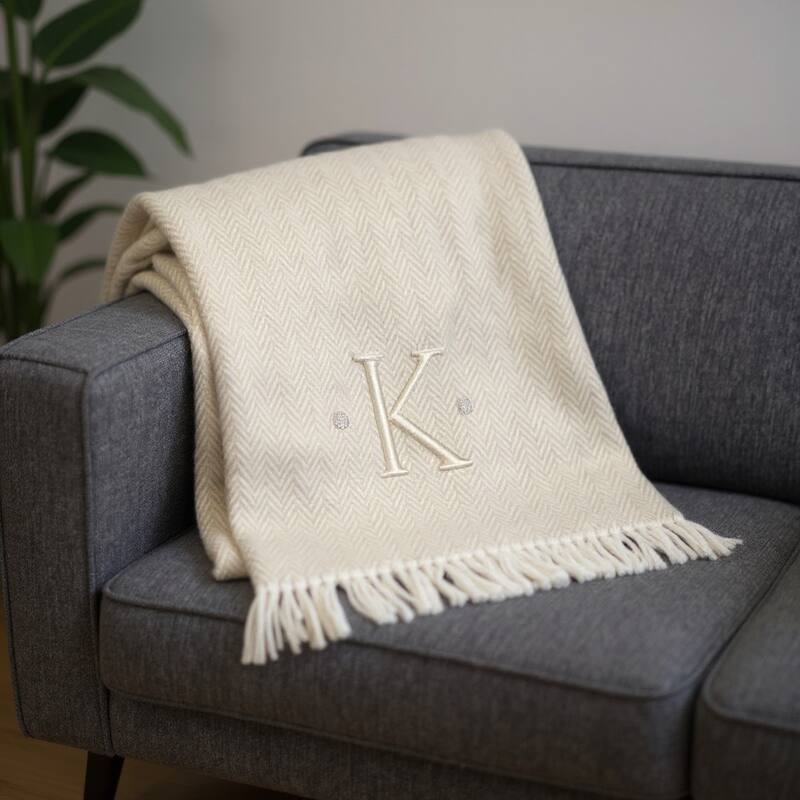 HomeRoots 55" X 70" Linen And White Herringbone Cotton Blend K Initial Throw Blanket with Tassels And Embroidery - Throw - Linen/White