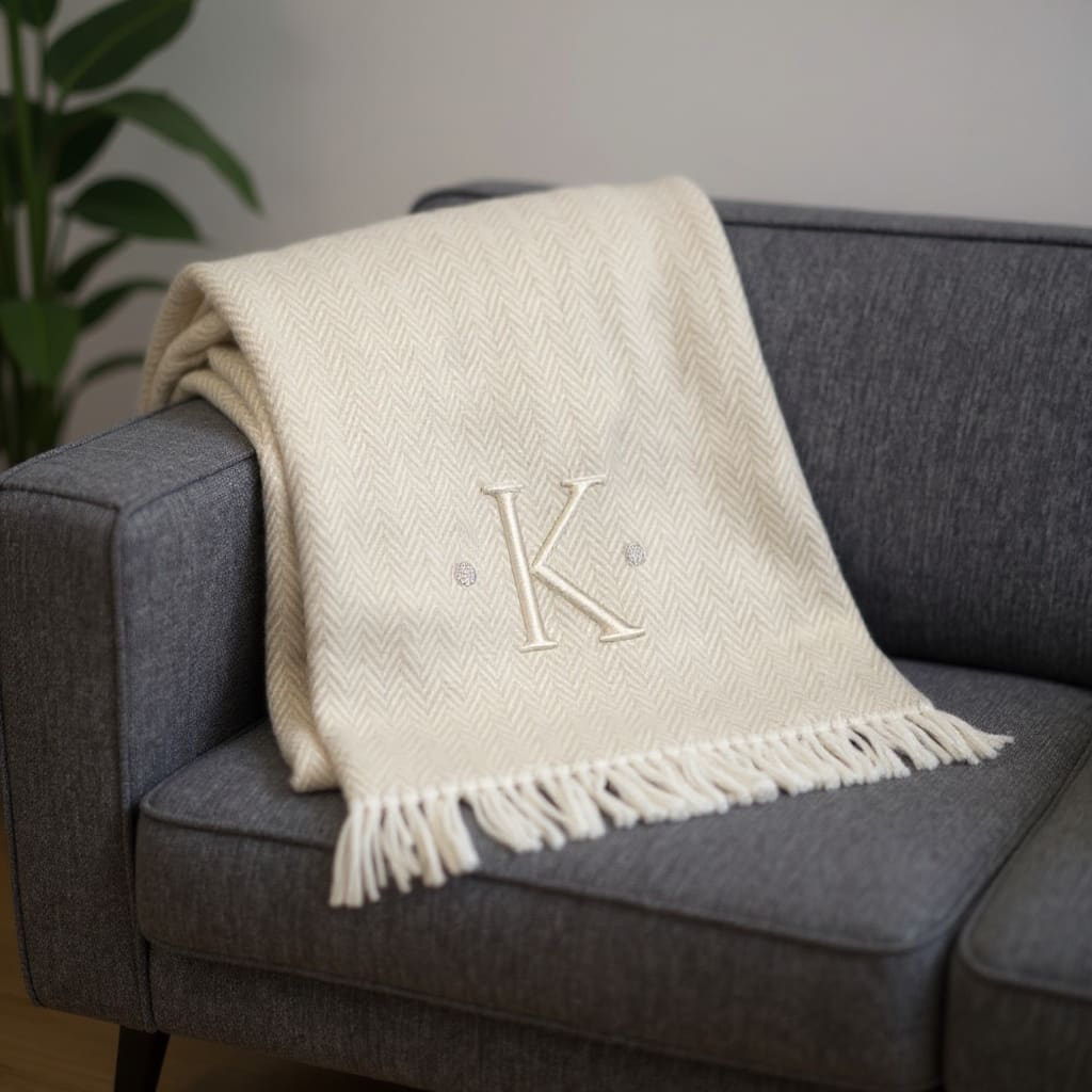 HomeRoots 55" X 70" Linen And White Herringbone Cotton Blend K Initial Throw Blanket with Tassels And Embroidery