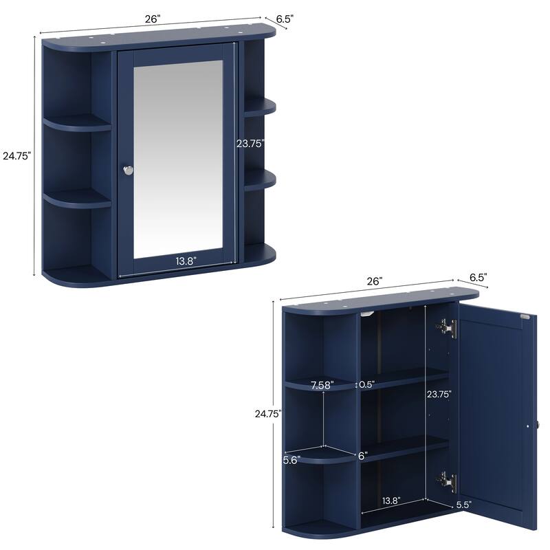 Bathroom Wall Storage Cabinet with Mirror, with Adjustable Wood Shelf & Doors, Mounted Storage Cabinets with 6 Open Shelves