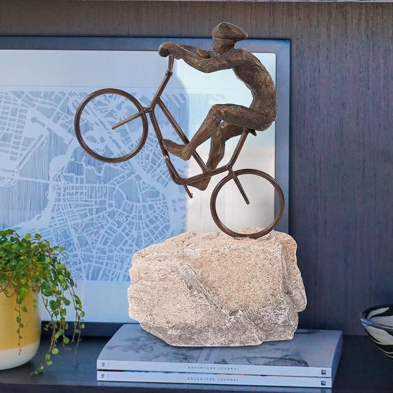 Allan Andrews Bronze Resin Cyclist Sculpture on Faux Rock - 13.25"H x 9.5"D x 4"W