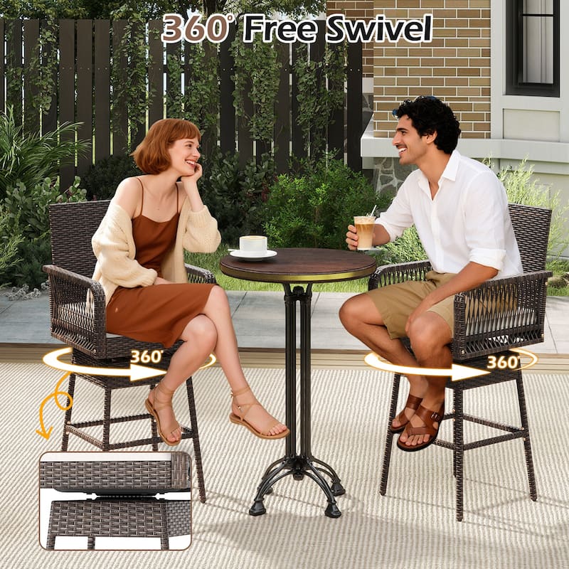 29-Inch Mix Brown Rattan Bar Height Swivel Stool with Comfortable Cushion for Outdoor Use - 22" x 22" x 46.5"