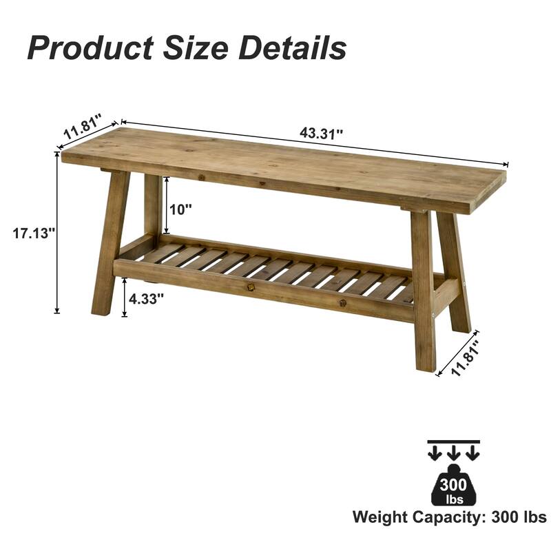 43" Farmhouse Wood Bench, 2-Tier Entryway Bench, Narrow Rustic Storage Bench with Open Storage Shelf for Entryway, Hallway