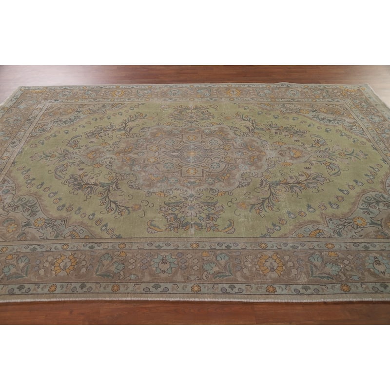 Green Distressed Tabriz Persian Antique Area Rug Handmade Wool Carpet - 6'6" x 9'8"