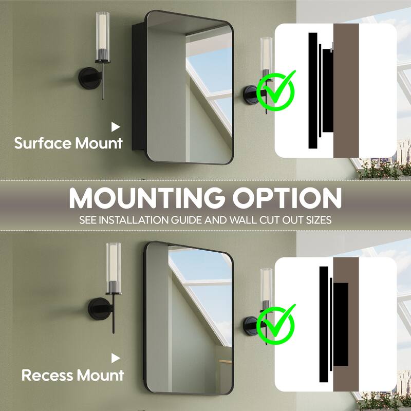 Recessed or Surface Wall Mount Bathroom Mirror Medicine Cabinet With Adjustable Glass Shelves