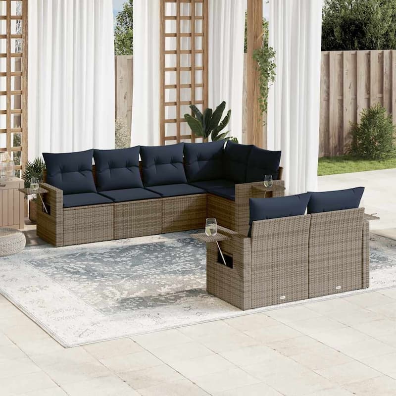 vidaXL 7 Piece Patio Sofa Set with Cushions Grey Poly Rattan - 24.4 x 24.4 x 27.2