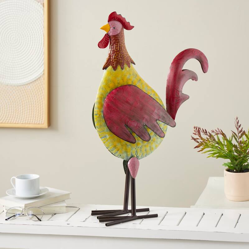 Black Metal Textured Rooster Decorative Garden Sculpture with Red Accents - Black