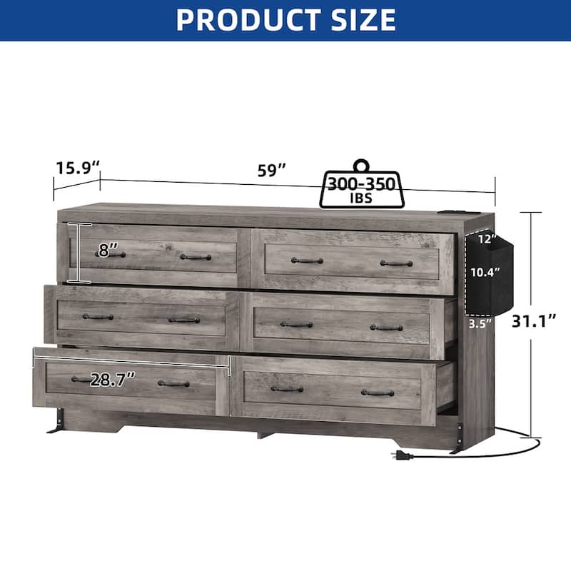 60 Inch Large 6 Drawers Storage Dresser TV Stand for 65" Grey - 58 inches