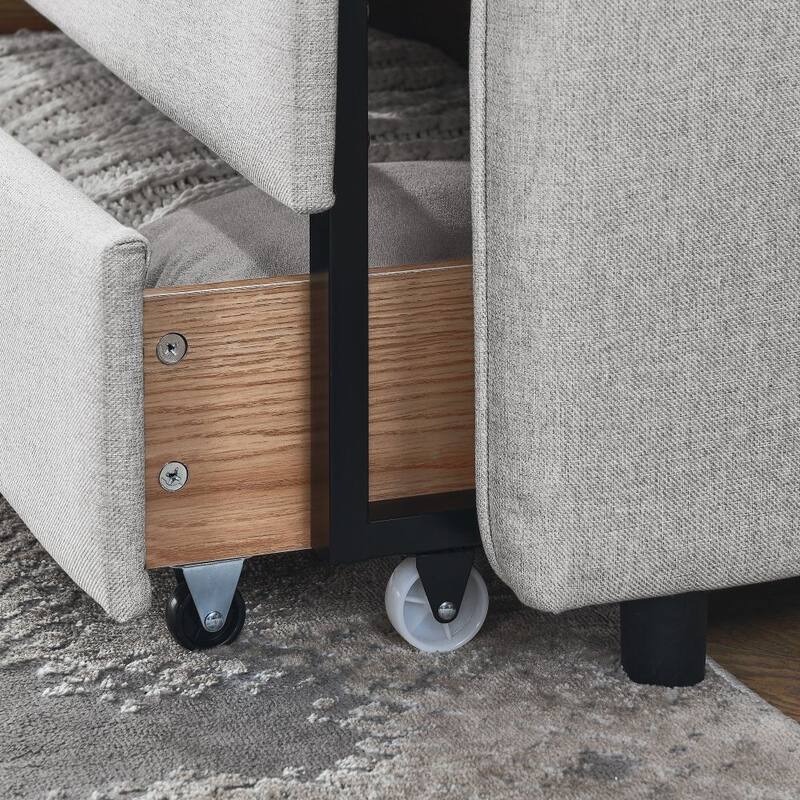Twin Size Upholstery Daybed with Trundle Bed and Two Storage Drawers , Flat Arms with Pocket, Extendable Daybed