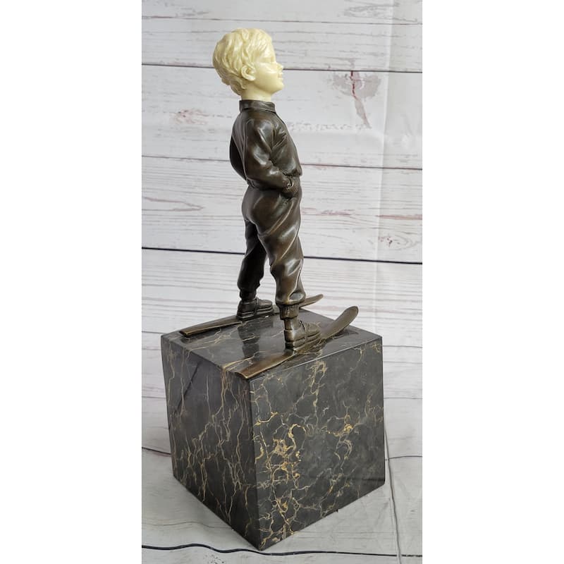Little Boy Child On Skis Skiing Bronze Statue Sculpture Figurine On Marble Base