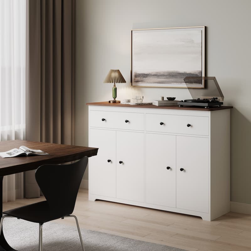 Modern Storage Sideboard Buffet Cabinet with 2 Drawers and 4 Doors for Living Room,Dining room,Kitchen,Coffee Bar, In White
