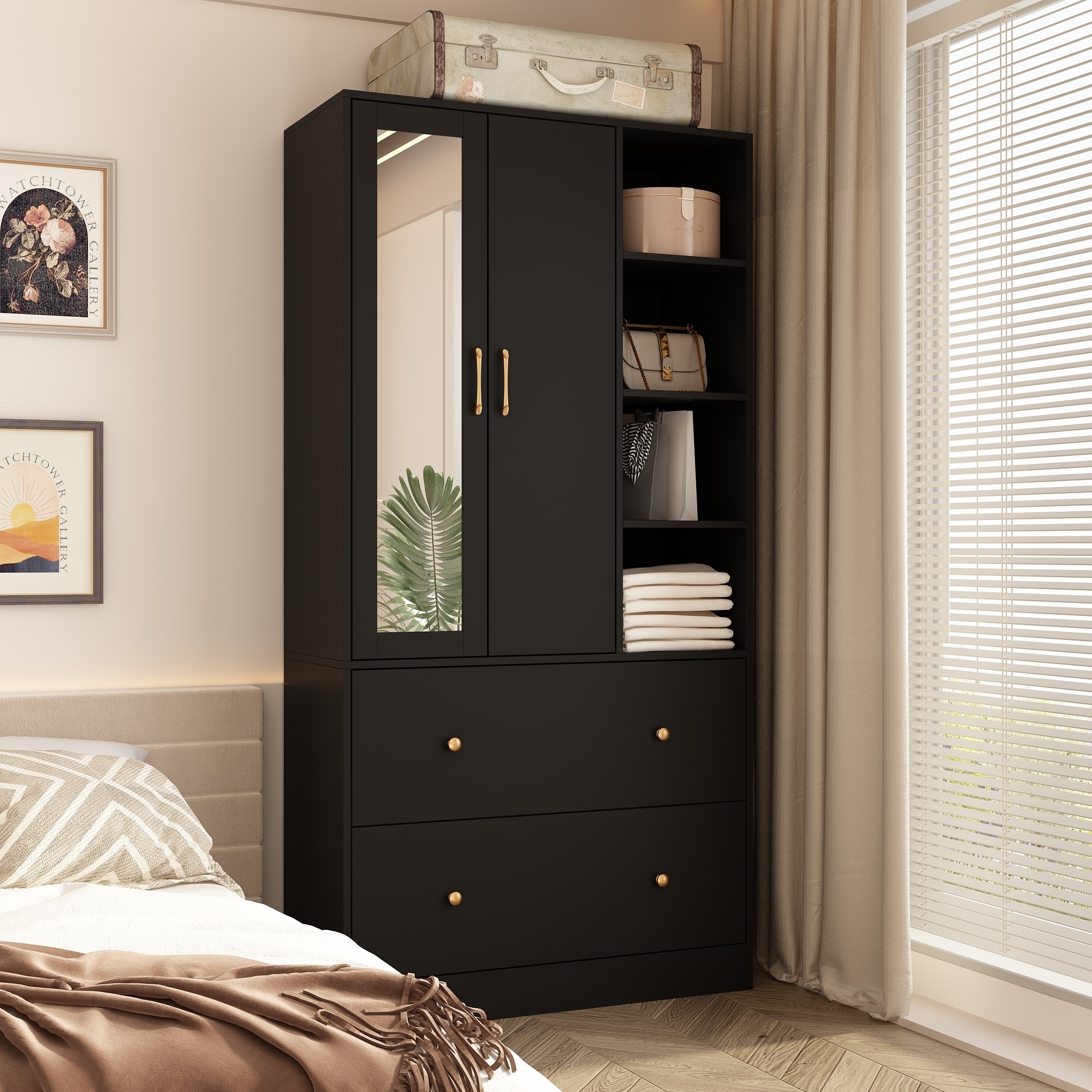 Wardrobe Closet Armoire wi/Mirror & Scalable Hanging Rod Space Saving
