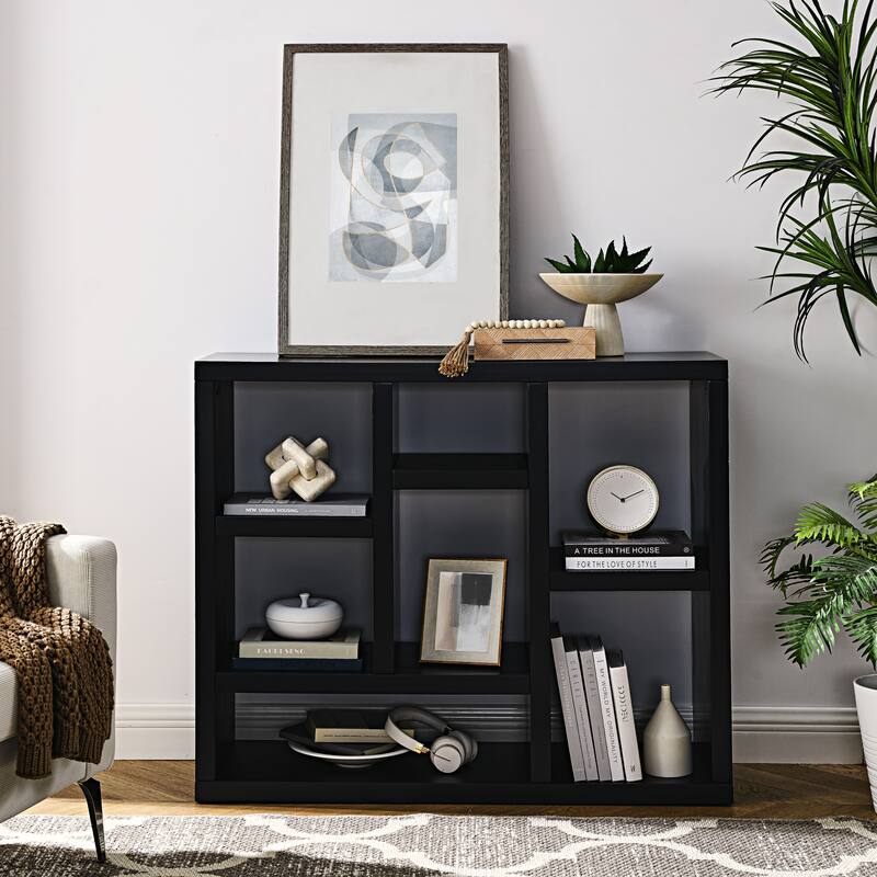 Freestanding Display Storage Cabinet with 7 Cube Storage Spaces,Floor Standing Bookshelf,Open Wooden Open Shelf Bookcase - Black