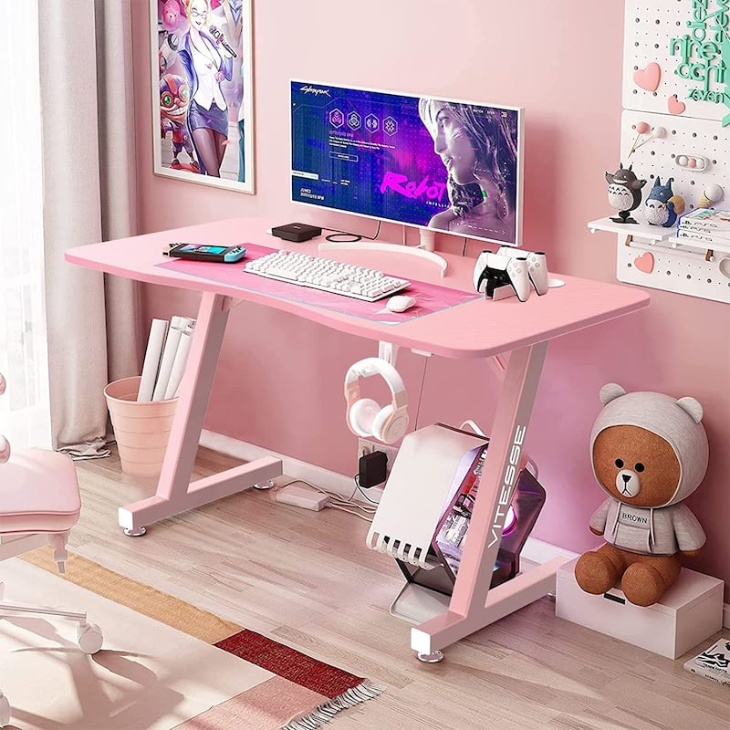 BOSSIN Ergonomic Gaming Desk Z-Shaped Office PC Computer Desk Gamer Tables with Cup Holder and Headphone Hook