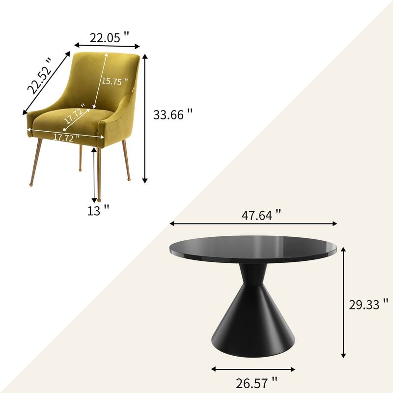 48" Light Luxury Black High Gloss Large Countertop Dining Table with Velvet Dining Chair Set