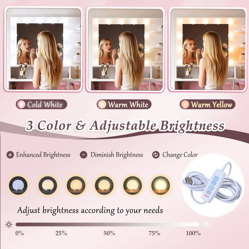 Hollywood Vanity Desk with 9 Bulbs, 3 Lighting Modes & Pink Storage