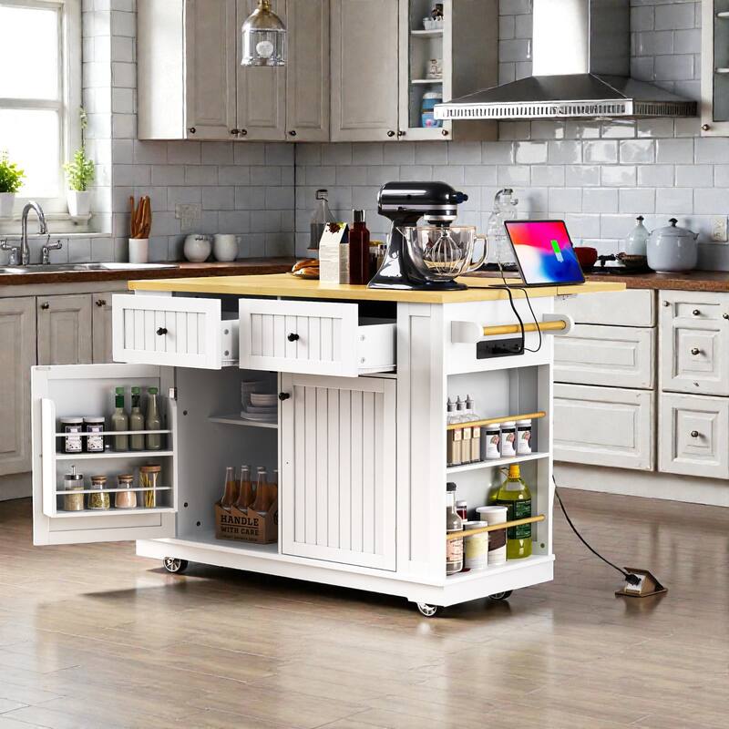 48" Kitchen Island with 2 Bar Stools, Power Outlet, Drop Leaf, Storage Cart on Wheels with Drawers