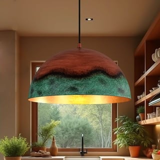 Weathered Copper Metal Oversized Dome Pendant Green Patina Accent