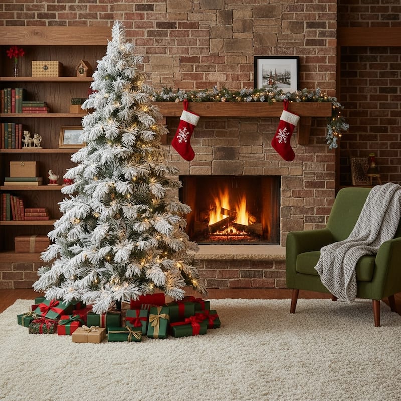 HomeRoots 7' White Pre Lit Full Flocked Fir Christmas Tree - 52.00 in. x 84.00 in. x 52.00 in. - White - 7 Foot