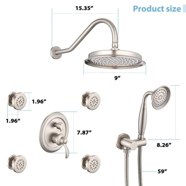 dimension image slide 0 of 2, Vanityfair Antique Shower Sets, Complete Wall Mounted 9 inch Rain Head with Handheld Shower and Body Jets