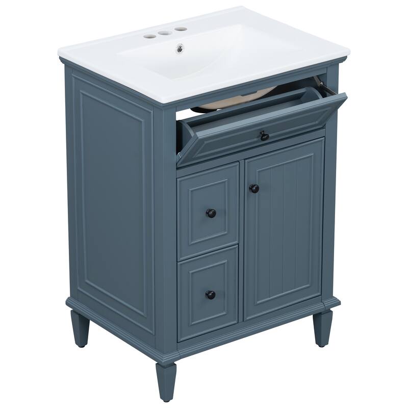 Roomfitters 24" Bathroom Vanity with Sink, Solid Wood Frame, Flip Drawer, 2 Side Drawers & Adjustable Shelf