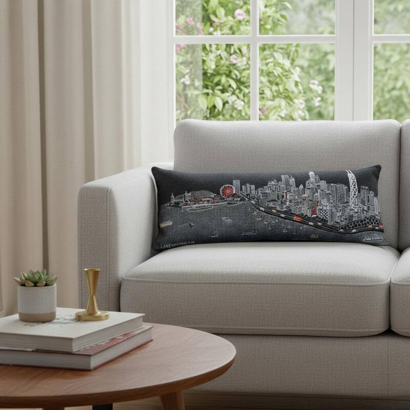 HomeRoots 14" X 35" Dark Gray And White Chicago Nighttime Skyline Lumbar Decorative Pillow